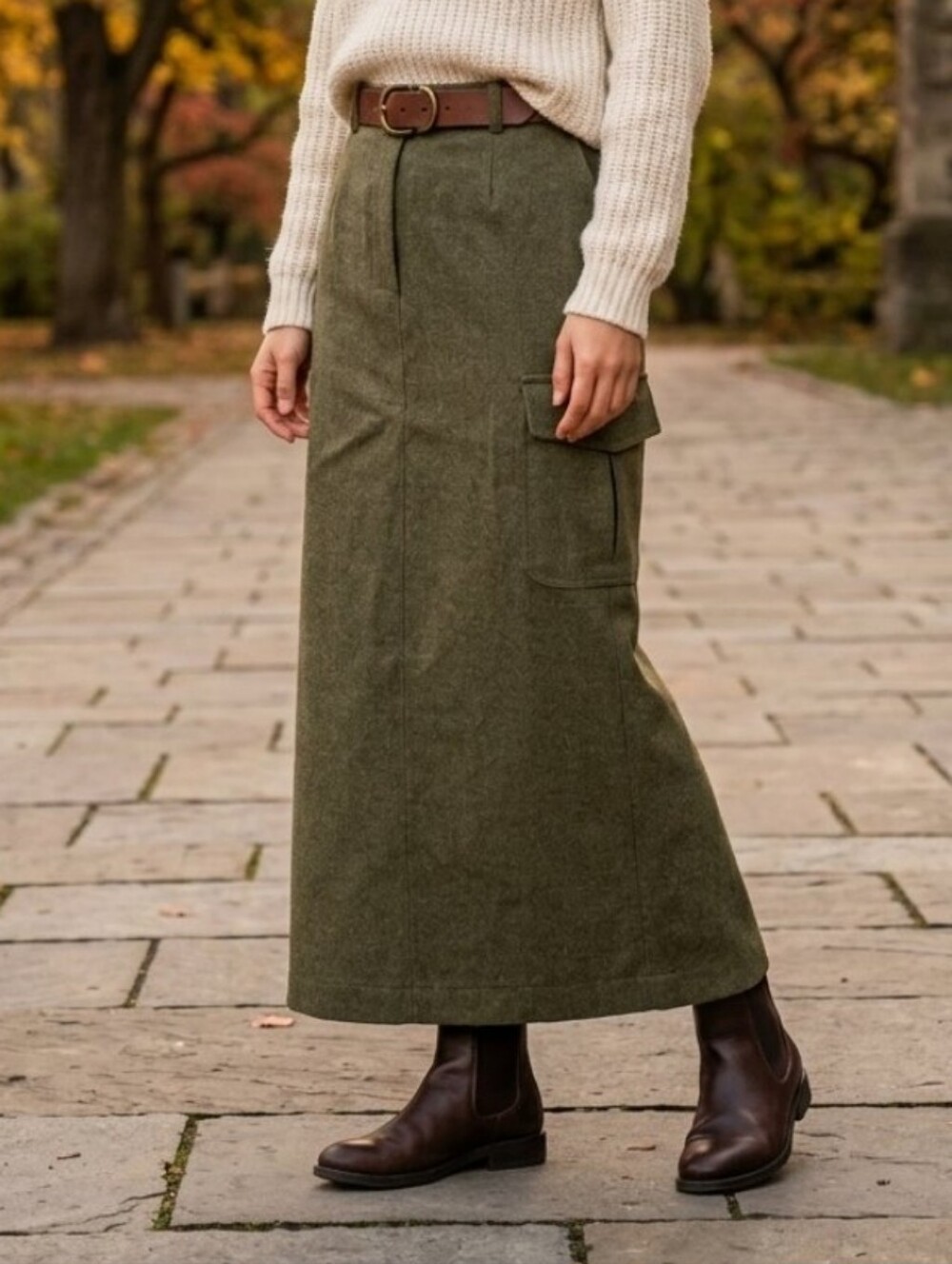 Tristan & Iseut Vintage Wool High-Rise Olive Maxi Cargo Skirt Minimalist Office